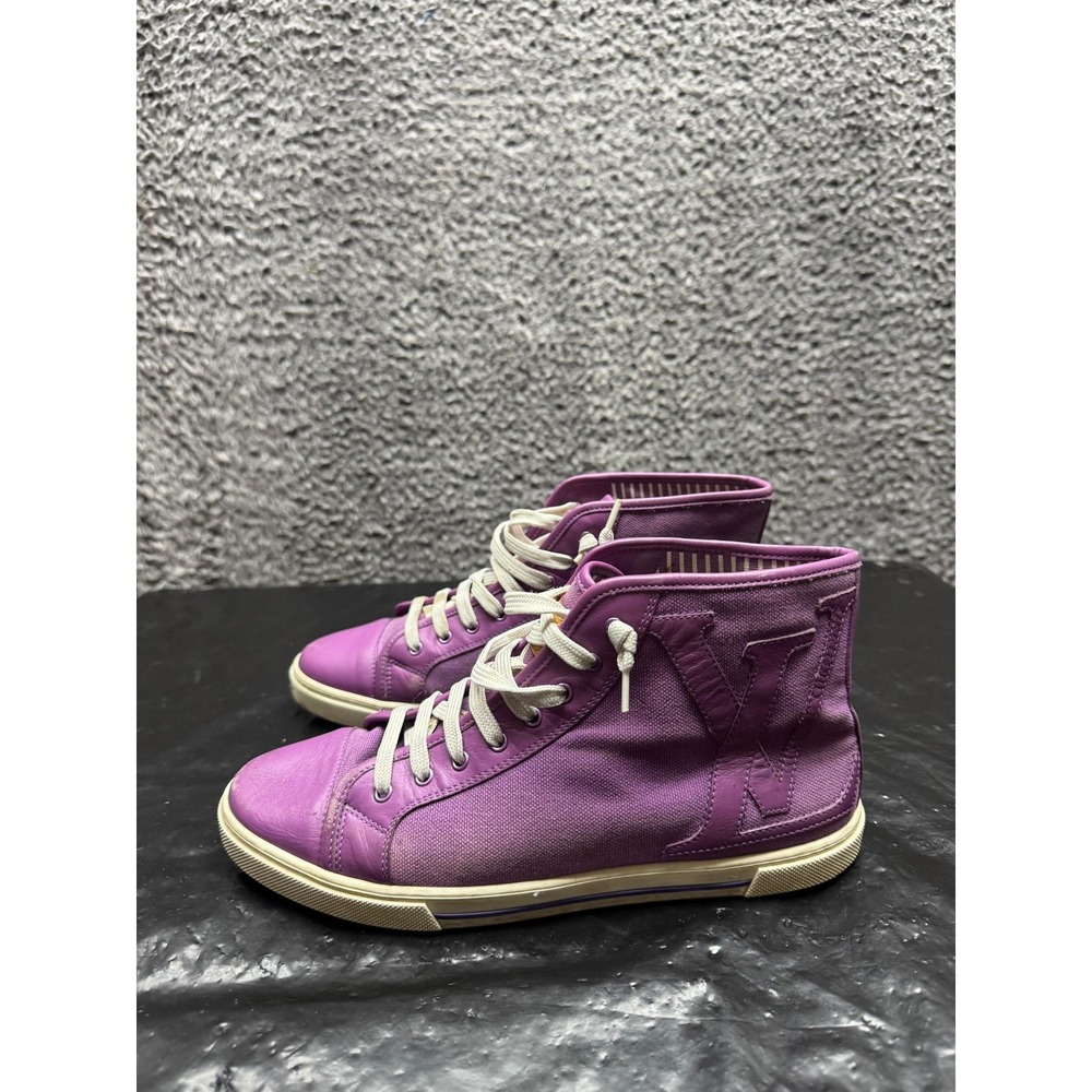 Louis Vuitton Canvas Leather Lace-Up High Top Sneakers Purple Women Size 36.5 EU - Picture 5 of 13